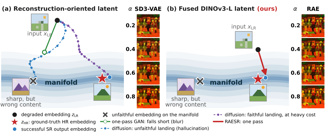 Comparison of reconstruction-oriented and fused DINOv3-L latent spaces for super-resolution